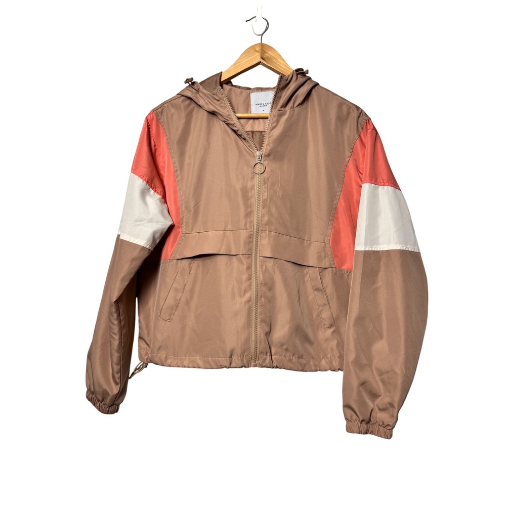 Angel Kiss Los Angeles Womens Colorblock Hooded Windbreaker‎ Jacket Tan Coral M